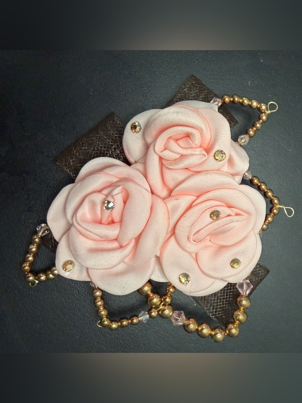 Elegant Pink Fabric Rose ballet head piece with Gold Bead Accents